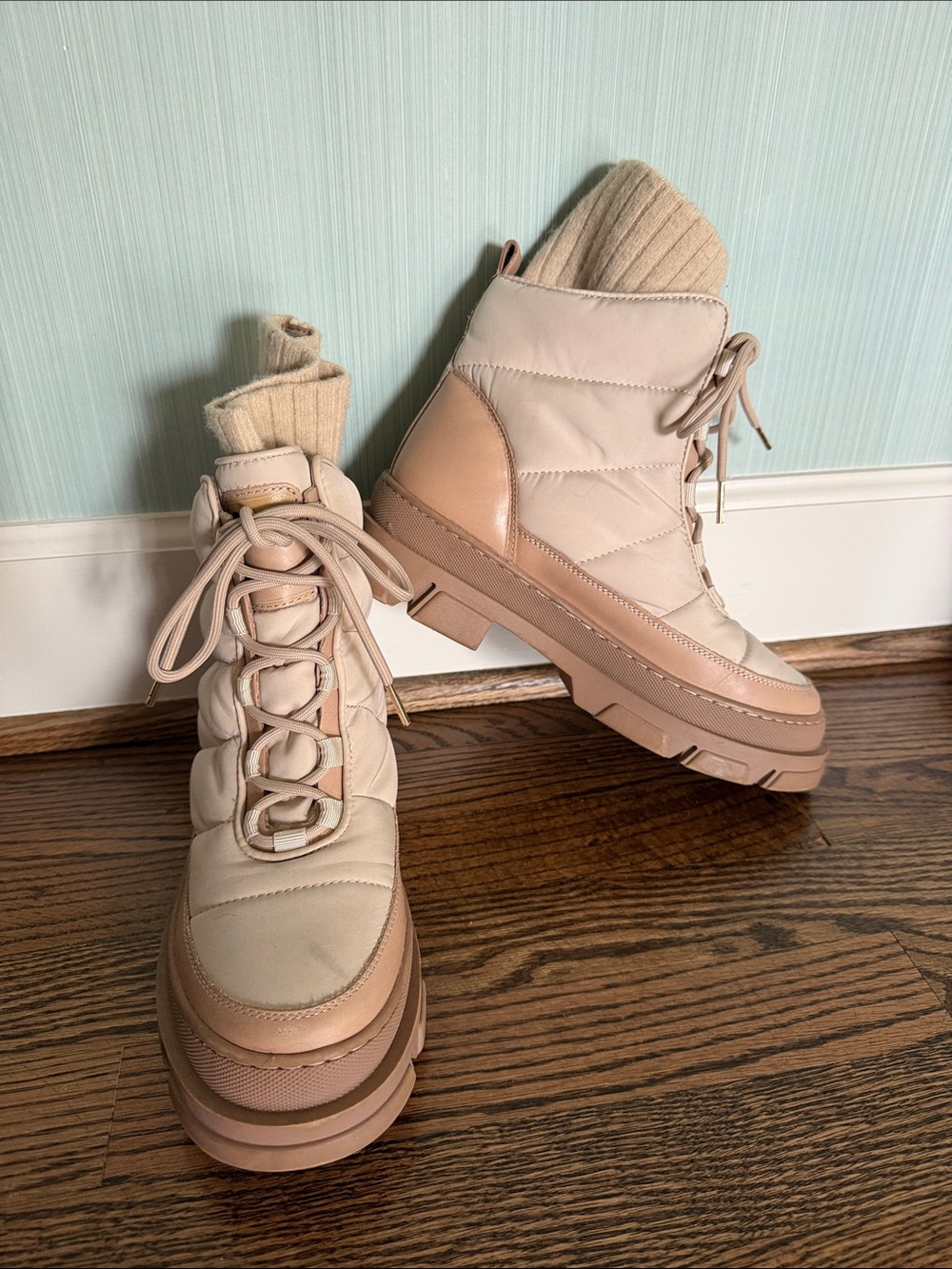 Sam Edelman Neutral Beige and Tan Lace-Up Platform Ankle Boots